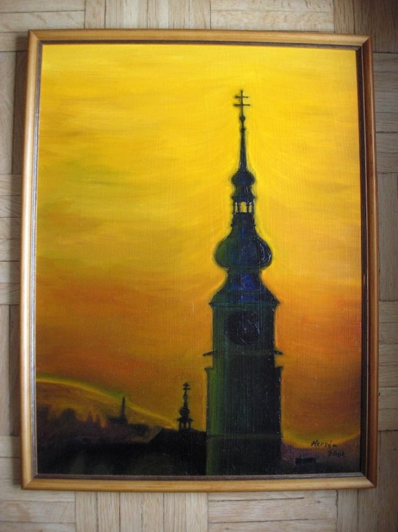 Svítání nad Třebíčí - olejomalba